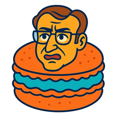 Emmanuel Macron transformed into a macaron with an expressive face, vibrant colors sticker