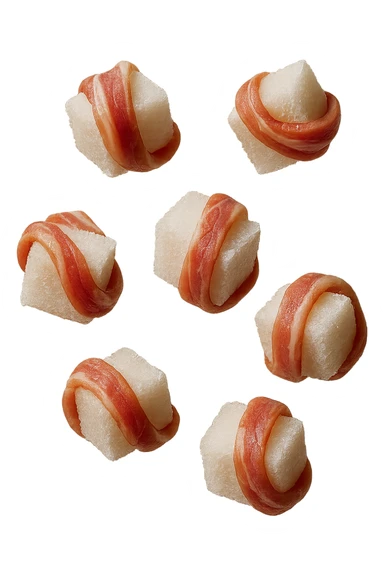 zollette di zucchero fluttuano in aria con pezzi di colon arrotolati intorno ad ogni zolletta, iperrealistico 4k sticker