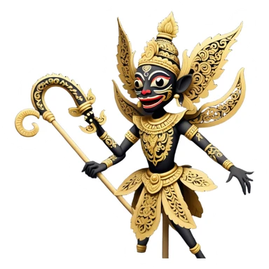 Wayang – Cinematic Realistic Wayang, depicted as intricately carved traditional Indonesian shadow puppets with expressive features and vibrant cultural motifs, set against a dark, dramatic backdrop with subtle glowing highlights that evoke the mystical art of shadow play. sticker