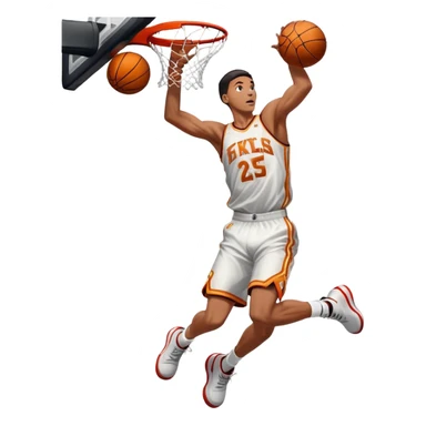 An icon showing a close-up of a basketball player in mid-air, performing an impressive dunk, inspired by NBA 2K25. The player is focused, with the ball in hand and the court in the background. Bright lights emphasize the action and excitement. Transparent background. sticker
