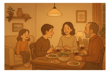 people gathered at a dinner table, with a girl sitting on a sofa nearby, talking, cozy home setting, illustration sticker