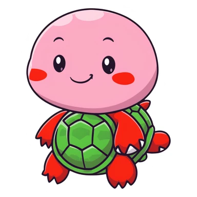 cute plushie turtle with light pink skin, round head, and red shell, smooth skin texture sticker