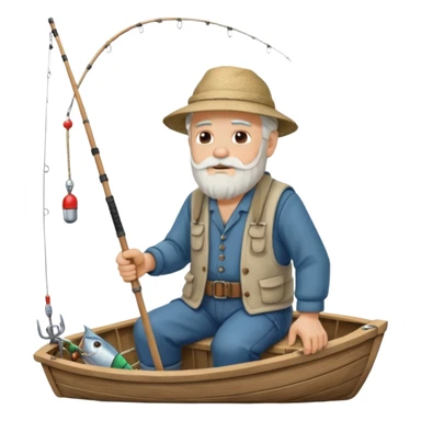 an old white haired, bearded man in fisherman attire, sat in a big boat on a calm sea, holding one fishing rod in one hand, with the end of the fishing line touching the water sticker