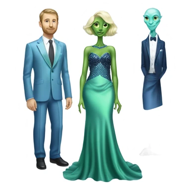 alien reptilian green skin woman, in long slim pastel blue formal party satin dress with gradient shiny sparkling navy blue diamonds embroidered , and caucasian man in black dres on his knees asks her to marry her sticker