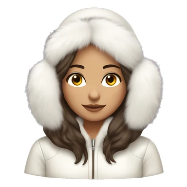 brunette girl with long hair with a light olive skin color and brownish eyes wearing fluffy white ear muffs and a white fur coat  sticker