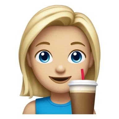 Shoulder length Blonde/light brown hair blue eyes cartoon character drinking iced coffee sticker