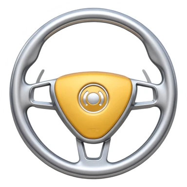 A futuristic steering wheel emoji made of silver chrome, minimal geometric design, smooth metallic surface, soft reflections, iOS emoji style, centered, clean white background sticker