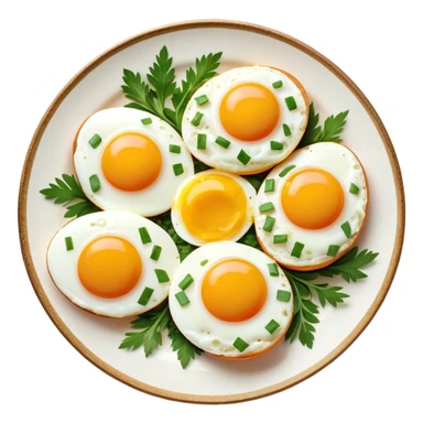Cinematic sunny-side-up eggs, perfectly cooked with glossy yolks, crispy golden edges, sprinkled with fresh herbs, served on a rustic plate, bright and inviting, highly detailed and appetizing. sticker