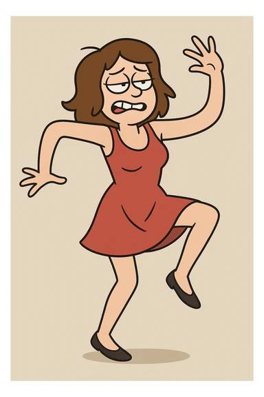 woman in a red dress with clumsy dance moves, humorous, lively, plain background sticker