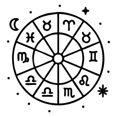vintage astrology natal chart icon with intricate celestial symbols, mystical, ornate, zodiac constellations, outline style sticker