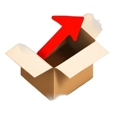 open cardboard box with a red arrow pointing inside from the air above sticker