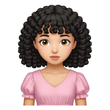 uma menina de pele oliva e cabelos pretos encaracolados e com franja encaracolada e um vestido rosa pastel sticker