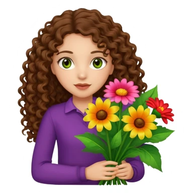 light skinned brunette long curly haired girl with green/hazel eyes holding big bright bunch of flowers. White background. sticker