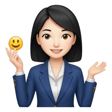 a korean cosmetics marketing expert women smiling with black hair, presenting sticker