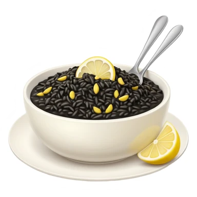 black risotto in a white bowl with a slice of lemon sticker