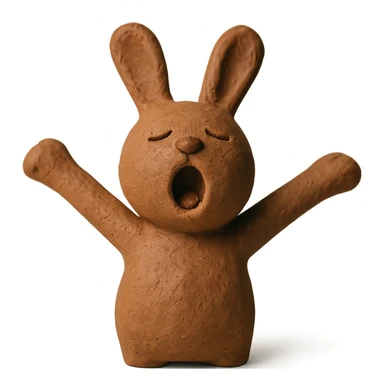 brown bunny stretching arms while yawning, claymation style sticker