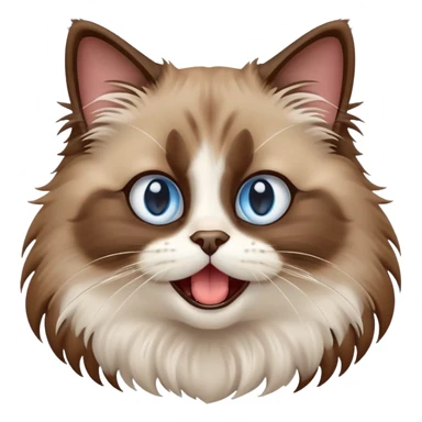 cinematic-adorable-big-eyed-fluffy-brown ragdoll-cat-portrait-emoji,-head-tilted-playfully-with-a-cute,-yawn,-white and brwon fur,-simplified-yet-irresistibly-cute-features, blue eyes sticker