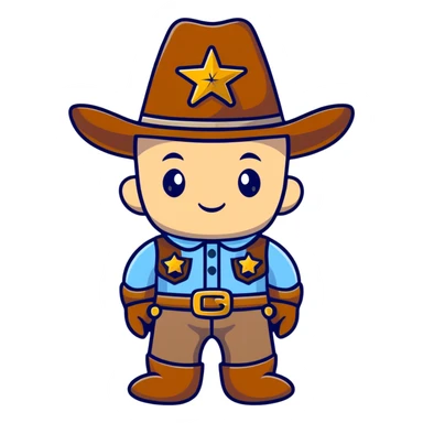 A cartoon stuffed baby cowboy toy with star-shaped patches and a little sheriff badge sticker