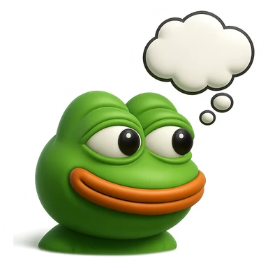make a pepe in bright green smiling with thought bubble looking at left side in 3d style, good highlights and shadows, drop shadows sticker