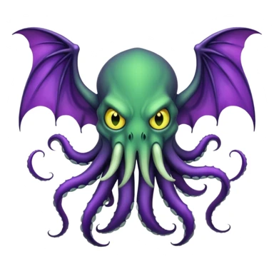 deep green Cthulhu with purple bat wings and purple gradient tentacles. Yellow angry eyes. yellow suckers on tentacles. dramatic ominous shading. two saber-teeth sticker