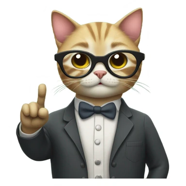 cat wearing glasses and a teacher's suit pointing to a blackboard sticker