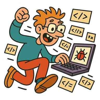 wacky programmer with buggy code flying around sticker