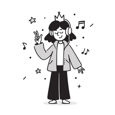 classic kids coloring fun style, line art coloring page of a smiling girl with a crown, headphones, hip-hop jacket, sneakers, giving a big peace sign, surrounded by floating music notes and stars, pure line art only, no shading, no borders, no grayscale, no solid black fills, portrait 1024x1536 sticker