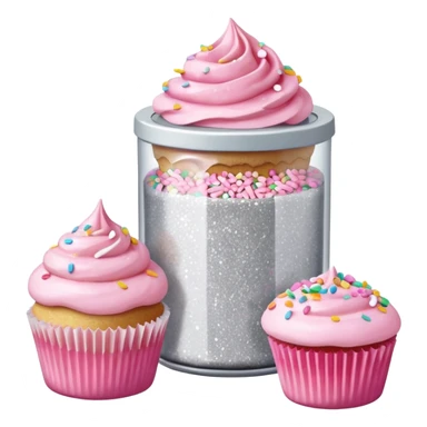 silver glitter in a small clear circular container with white lid next to a can of sprinkles and pink cupcakes  sticker