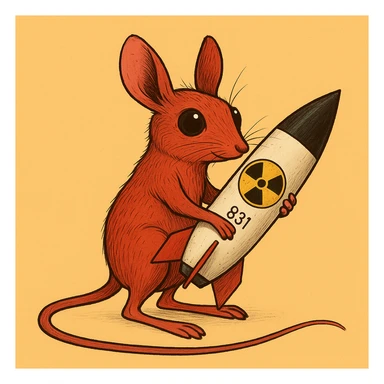 Сгенерируй красного тушканчика с ядерной бомбой в руках как на изображении. У тушканчика длинный хвост. На однородном фоне sticker