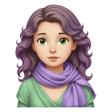 A girl with wavy hair, a lavender scarf around her neck, and a soft green dress, gazing into the distance. sticker