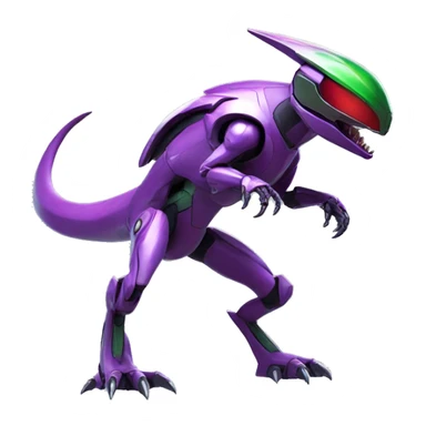a shiny purple-green-red Genesect-Raptor-Fakémon—hybrid with a futuristic visor-helmet full body sticker