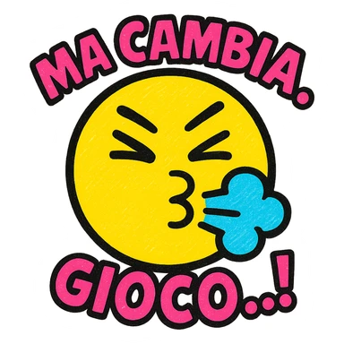 emoticon with a face blowing air, pop style, vibrant colors, with the text "MA CAMBIA GIOCO..!" sticker