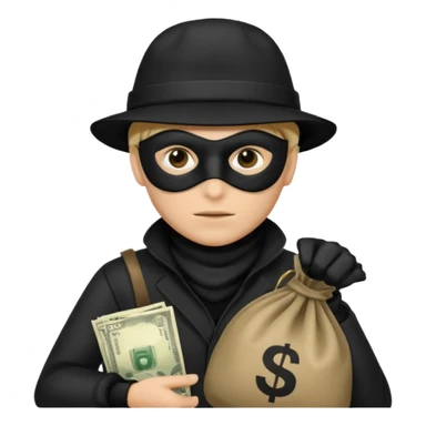 A emoji of a person wearing a robber outfit and a black hat and a black mask and a Money Bag sticker