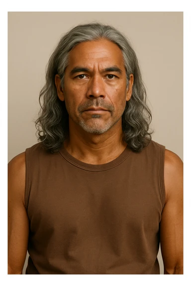 brown tanned man over 40 with long grey hair, neutral expression, upper body, plain background sticker