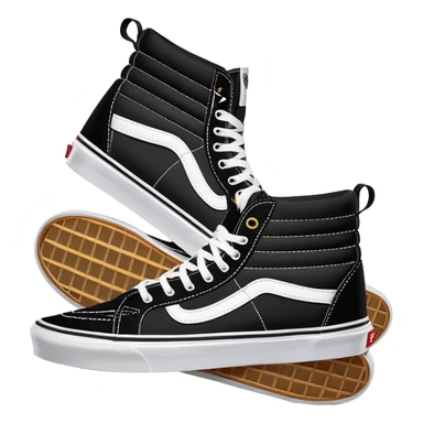 Black Vans Sk8-Hi shoes arranged as a neat pair with the back shoe slightly offset behind the front one, detailed high tops with signature white stripe and waffle soles sticker