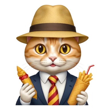 fast food eating cat waring tie and hat  sticker