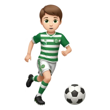 Celtic footballer jersey logo  6 years old brown hair white boy , brown eyes , stripes uniform , RUNNING  with soccer ball # 17 celtic football logo PUT ONLY ONE LOGO ONE CELTIC LOGO ONLY  sticker