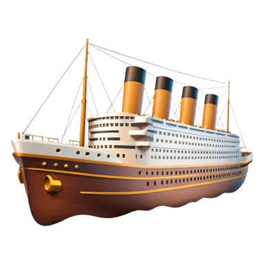 A 3D emoji of a Titanic ship in Apple style, glossy and smooth surface, bright clean colors with subtle shading, simple and minimal details, no face or expressions, floating on calm ocean, soft shadows, high-quality render, isolated on white background.


 sticker