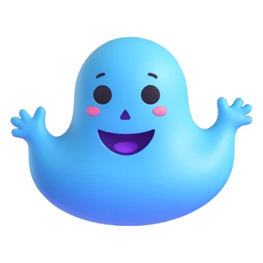 3D emoji-style ghost, rounded shape, smiling face, floating sticker