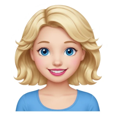 Girl Blonde short wavy hair,  blue eyes, cute blue top, long lashes, pink lips, 👄 big smile sticker