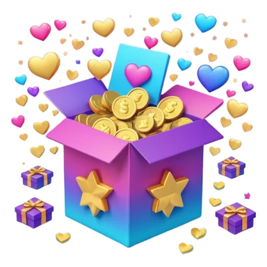 3D open gift box with Instagram logo, gold coins, hearts, stars, documents floating out, smiling human faces around, vibrant pink blue purple gradient, glossy modern style, premium marketing banner sticker