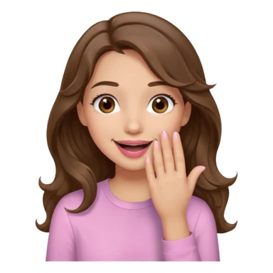 girl with wavy long brown hair, brown eyes, light to medium complexion, long lashes, light pink lipstick, wearing light pink shirt, sexy, gigling hand covering mouth sticker