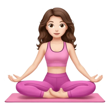 White, brown -eyed, brunette cute feminine lady emoji with wavy long hair doing pilates wearing pink pilates fit sticker