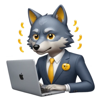 wolf in a suit sweating while looking at a laptop, emoji style sticker