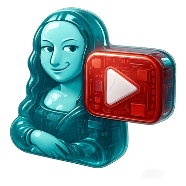 Mona Lisa with a smirk and raised eyebrow, red YouTube play button, glossy circuit style sticker