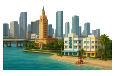 cinematic, realistic emoji of Miami, featuring a wide city view with iconic landmarks such as the Miami skyline, Freedom Tower, South Beach Art Deco buildings, and Biscayne Bay, with lifelike detail, accurate colors, bright daytime lighting, fully transparent background with no sky and no clouds sticker