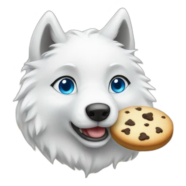A cute white wolf with blue eyes, eating a single delicious cookie sticker