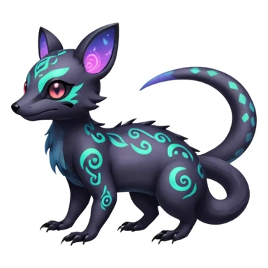 Rare neon iridescent white exotic cute epic aesthetic gothic colorful Salandit-Eevee-Civet-species-Fakemon-hybrid-creature, with intricate tattoo markings, full body sticker