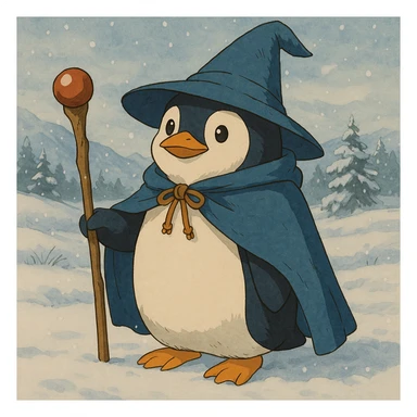 Add a snowy landscape background behind the penguin wizard, keep all original colours and lighting sticker