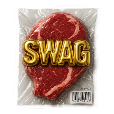 steak with gold block letters 'SWAG', shiny and inflated, vacuum-sealed style sticker